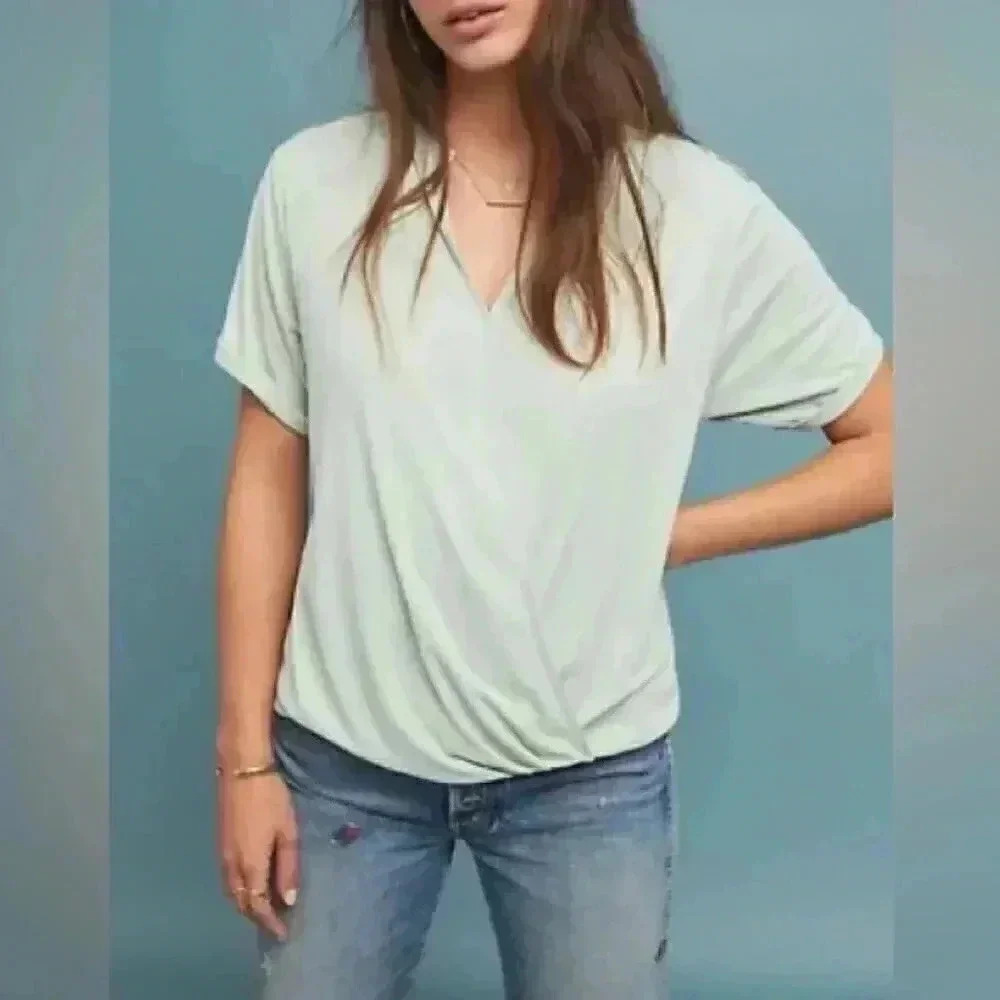 ANTHROPOLOGIE SATURDAY/SUNDAY WOMEN'S SAGE SHORT SLEEVE AMY SURPLICE TOP Sz S